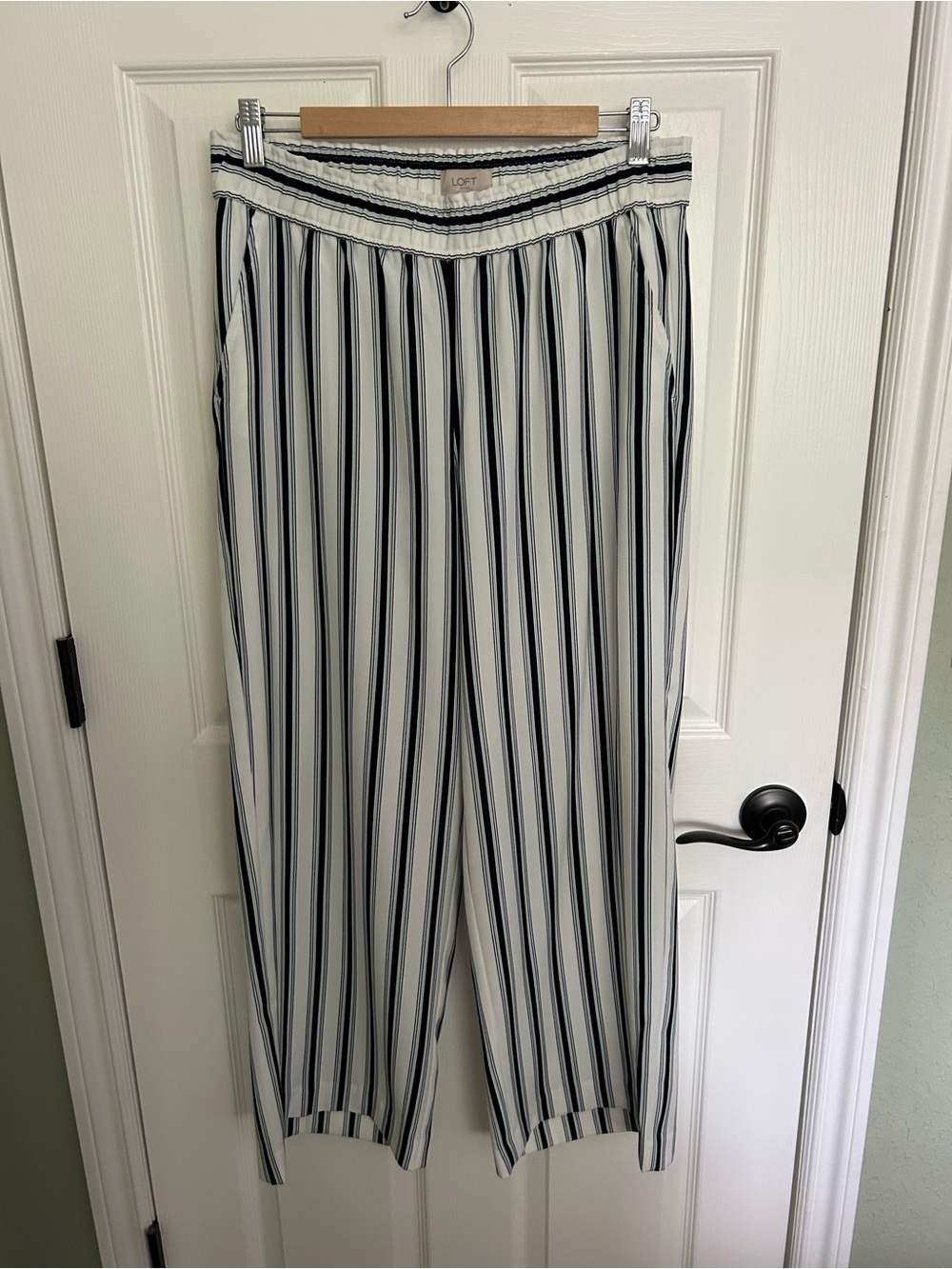 LOFT Striped Pull-On Pants in White and Navy